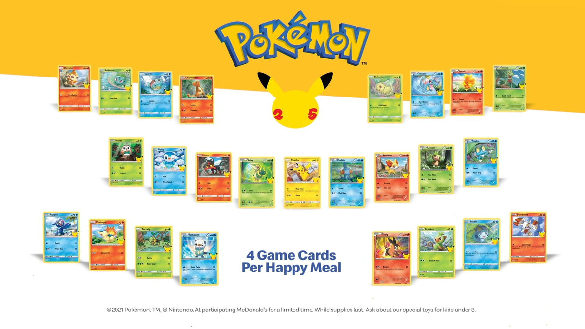 2021 McDonald's Pokémon 25th Anniversary promotional reference artwork; actual cards and sticker book not pictured